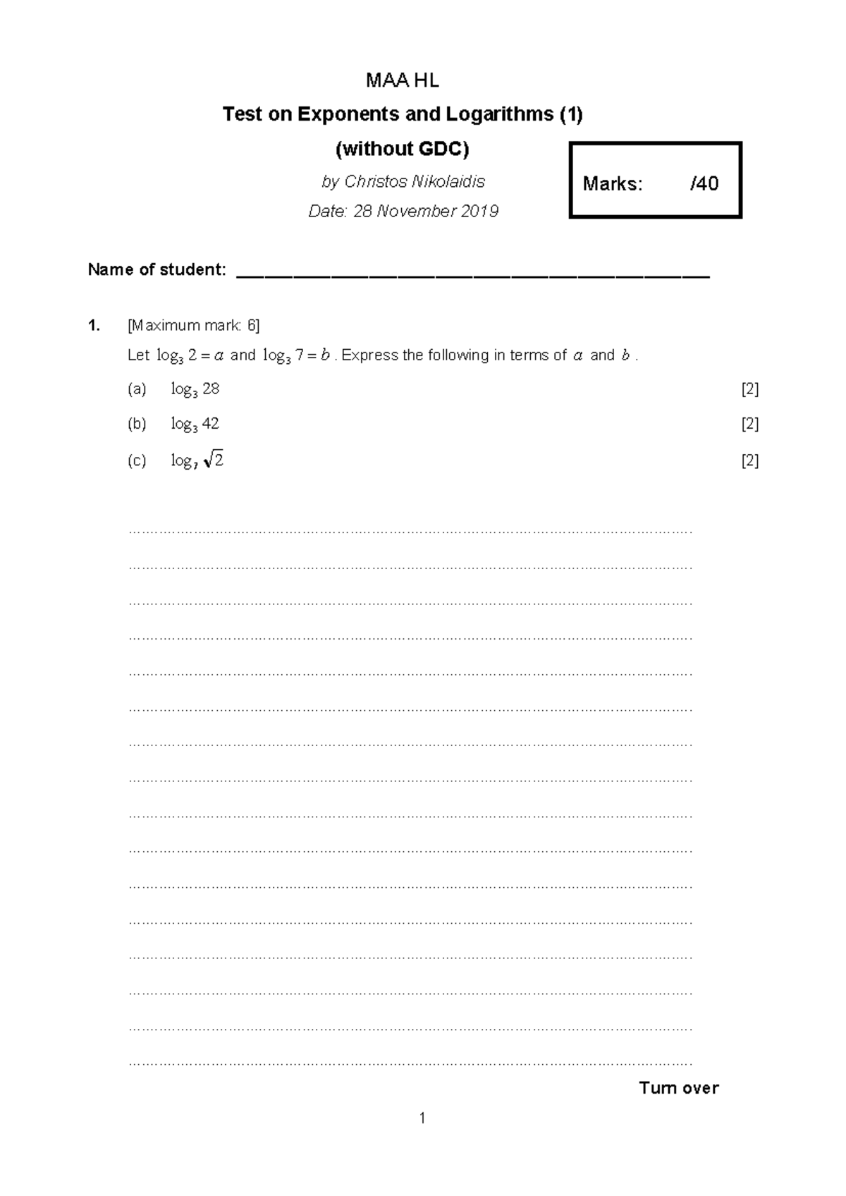 TEST 4. Exponents - Logarithms 1 (2019 ) - MAA HL Test on Exponents and ...