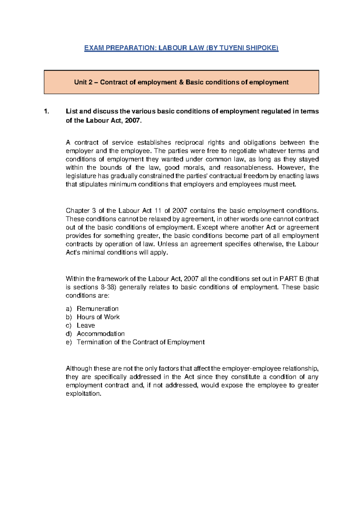 Labour Law Exam Prep: Contract & Basic Employment Conditions (S1) - Studocu
