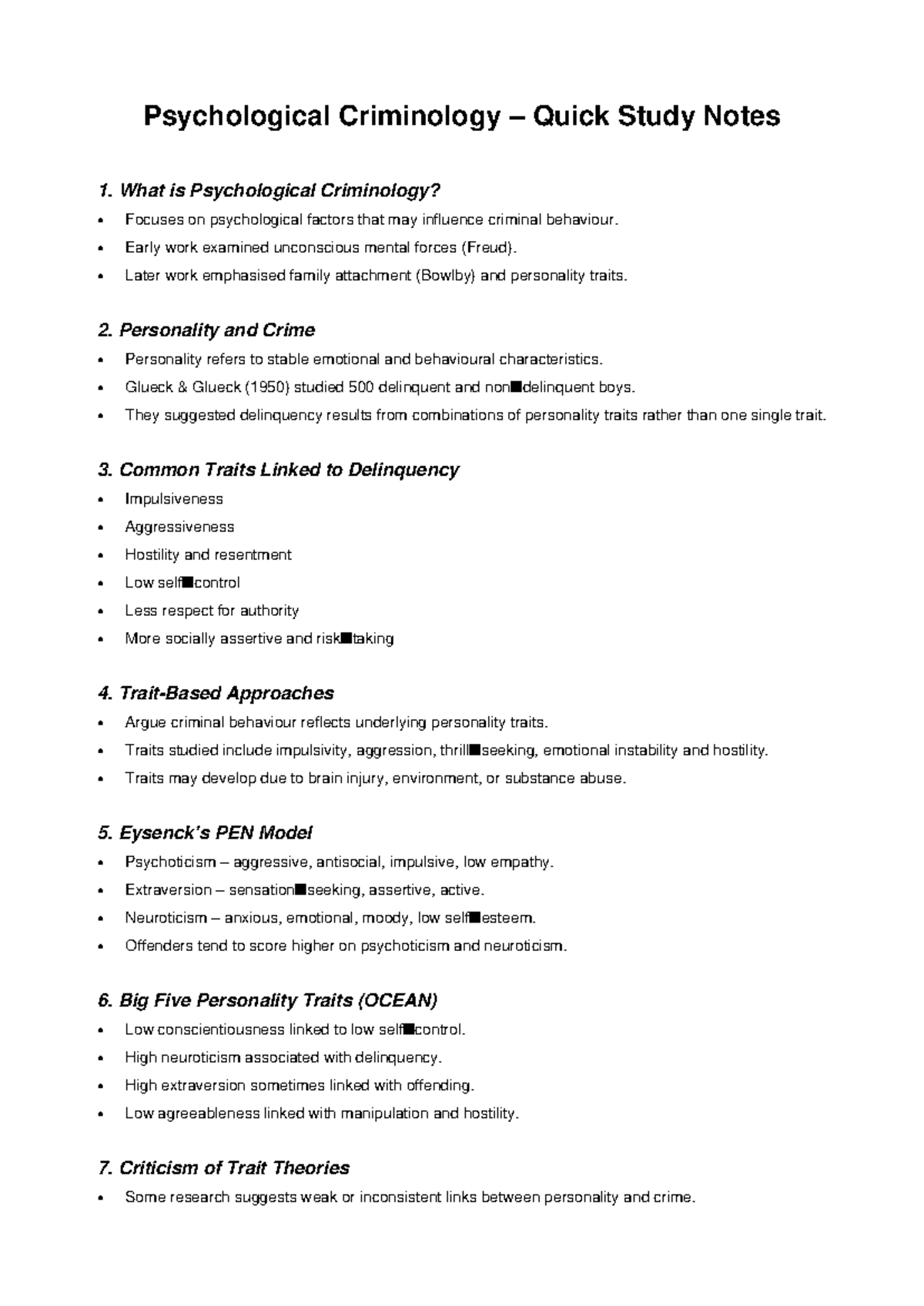 PSY 101: Psychological Criminology Quick Study Notes - Studocu