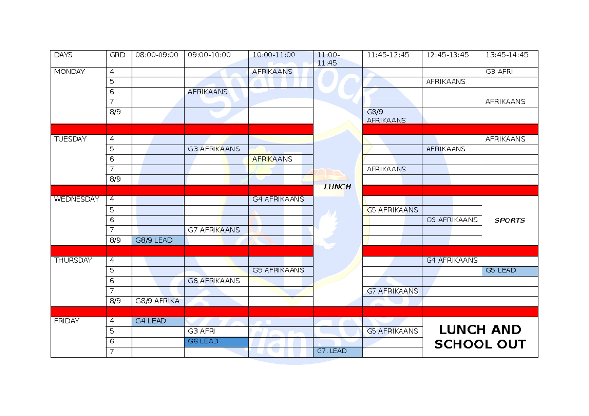 Intermediate and Senior Phase Class Timetable (Afrikaans & English ...