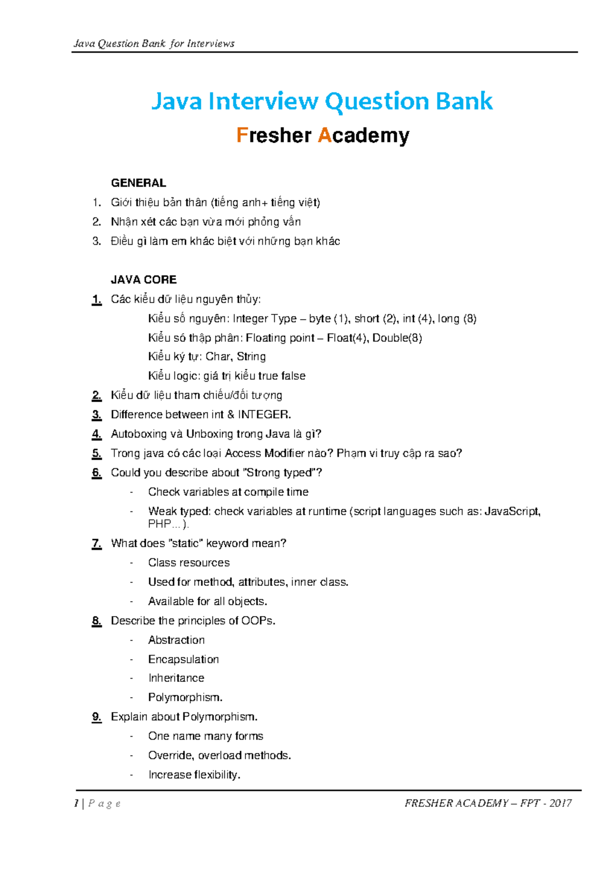 FA Java Core Interview Questions and Answers for Freshers - Studocu