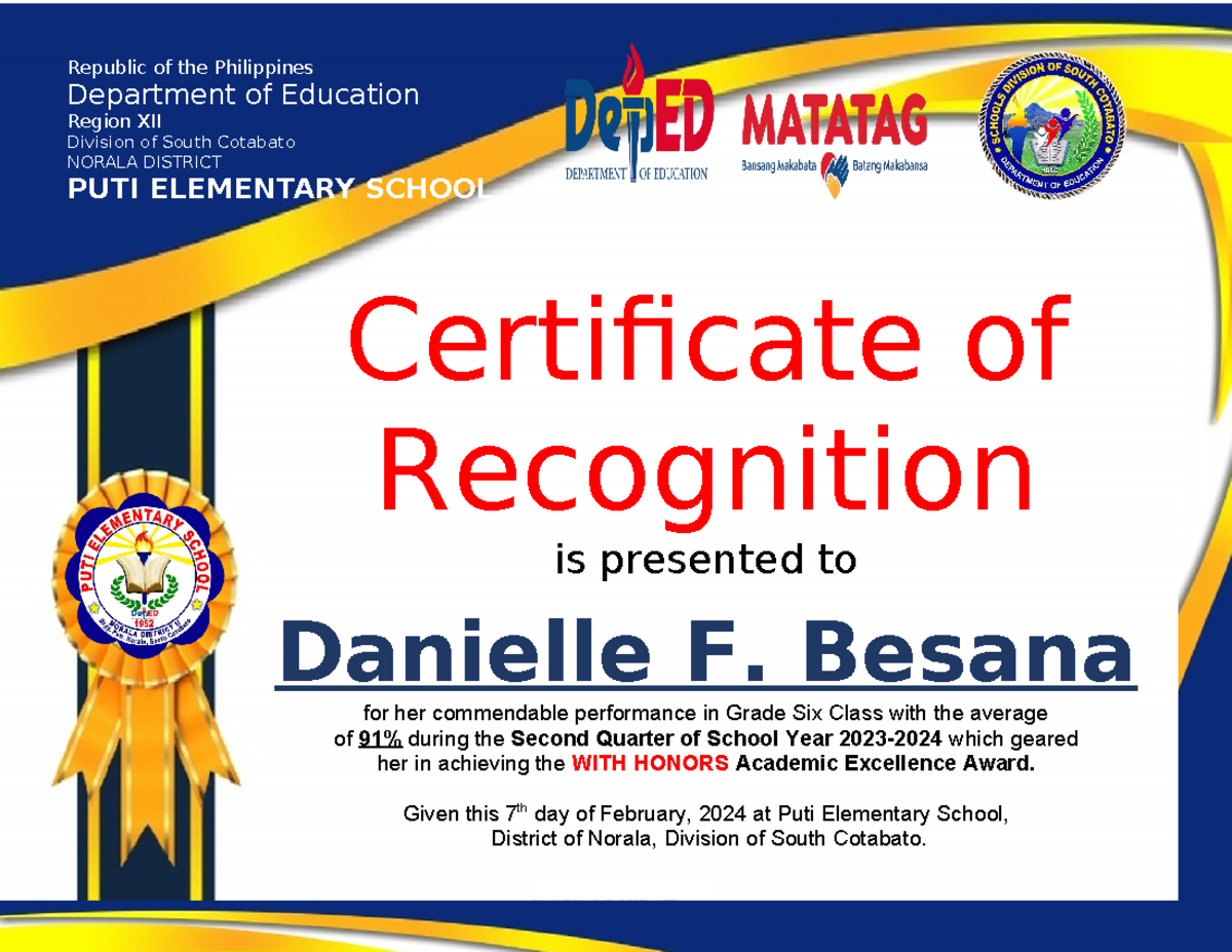 Certificate Of Recognition Template Deped Matatag