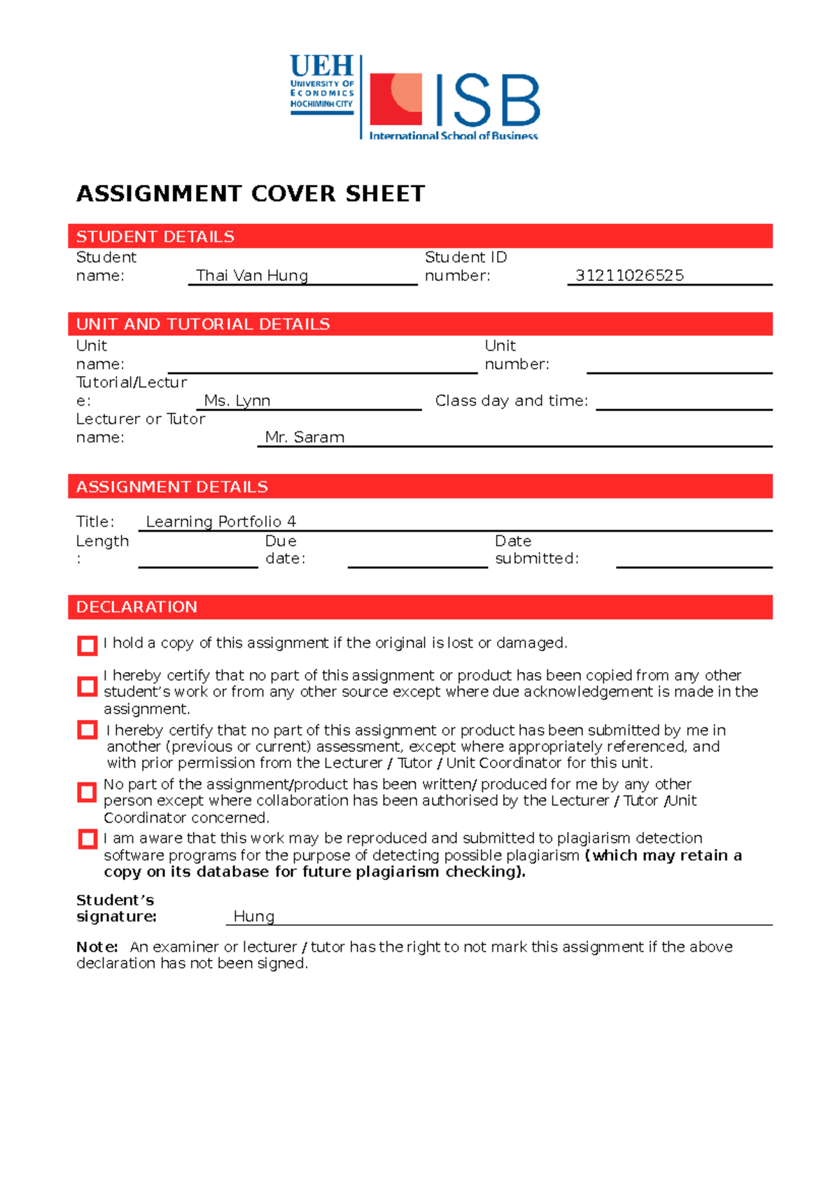 LPA4 31211026525 Thai-Van-Hung BC14 - ASSIGNMENT COVER SHEET STUDENT ...