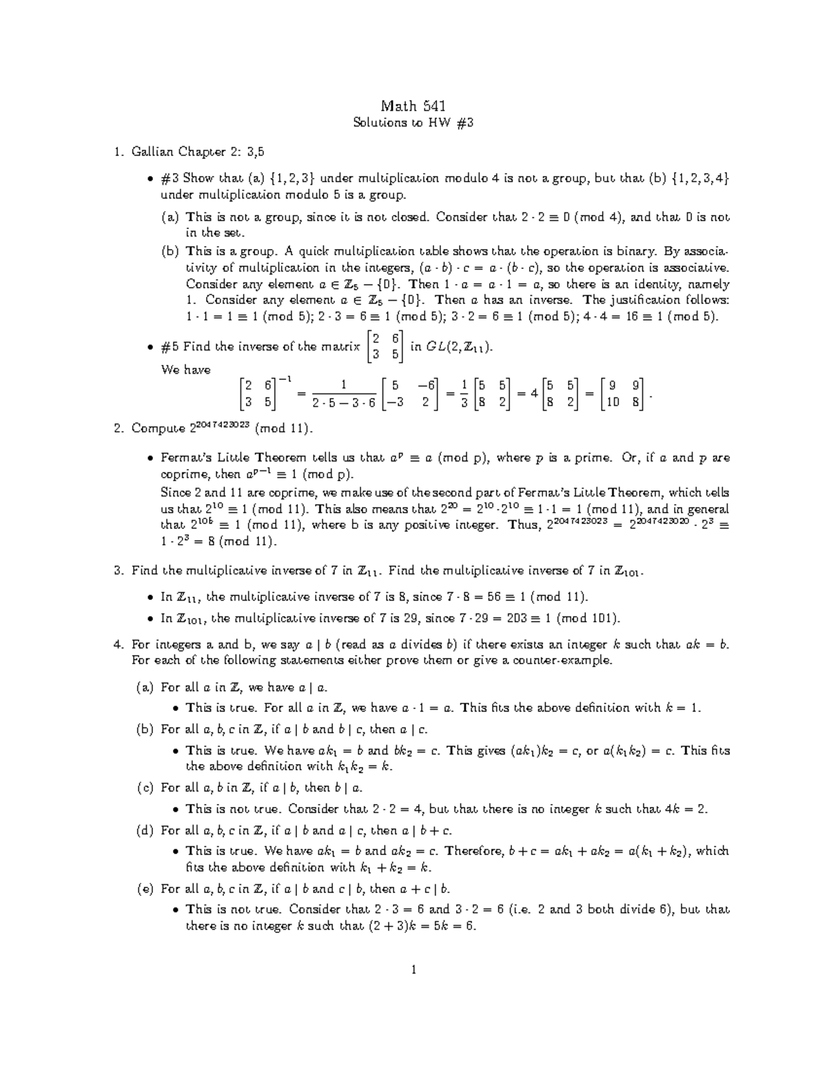 Math 541 HW3 Solutions: Group Theory and Modular Arithmetic - Studocu