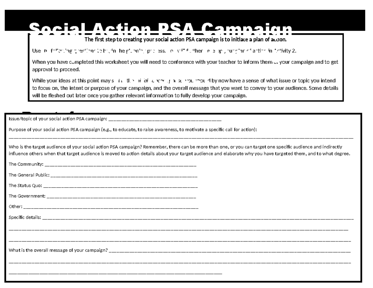 Revised U4A1 PSA Campaign Planning Handout for Final Submission - Studocu