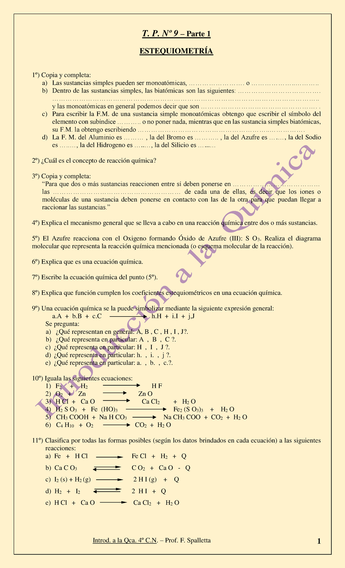 T. P. Nº 9 - Reacciones Qcas - Introd. a la Qca. 4º C. – Prof. F ...