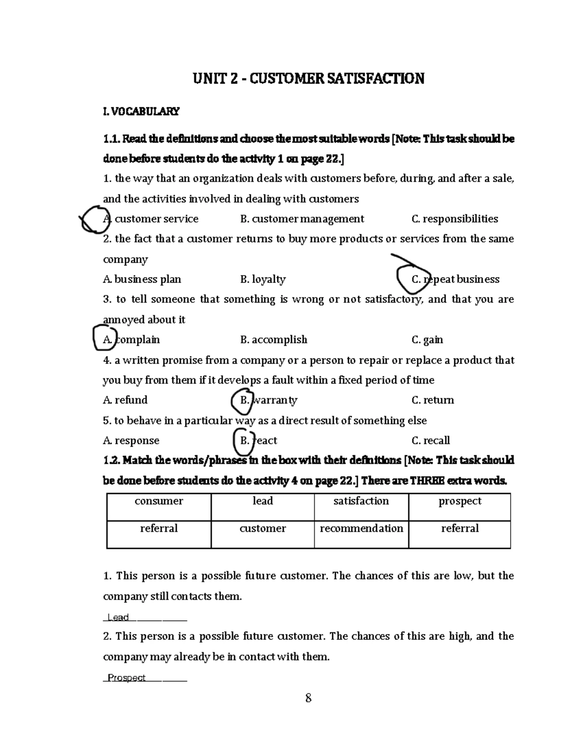 BÀI TẬP TACN 1 - UNIT 2: CUSTOMER SATISFACTION VOCABULARY EXERCISES ...