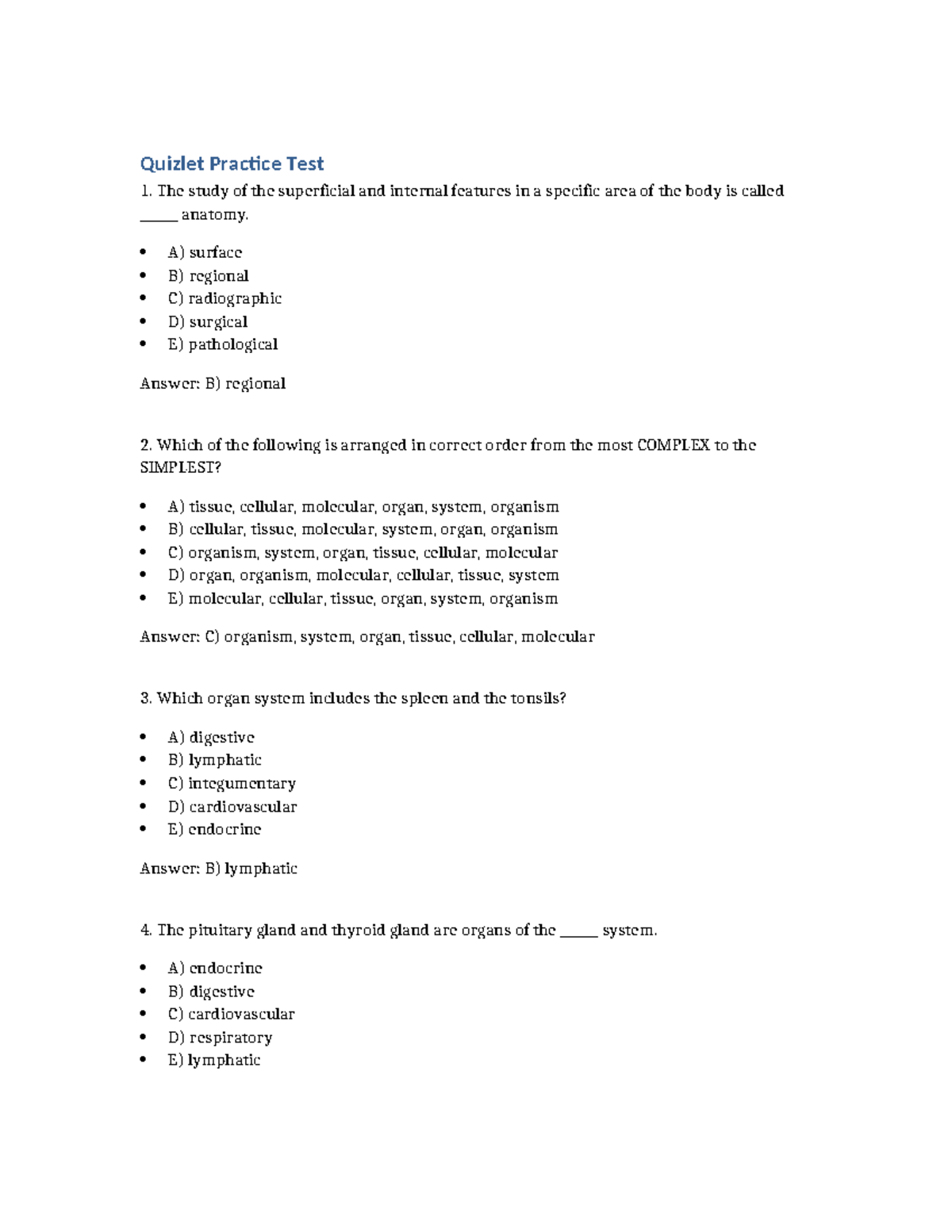 Anatomy Quizlet Practice Test 1: Key Concepts and Answers - Studocu