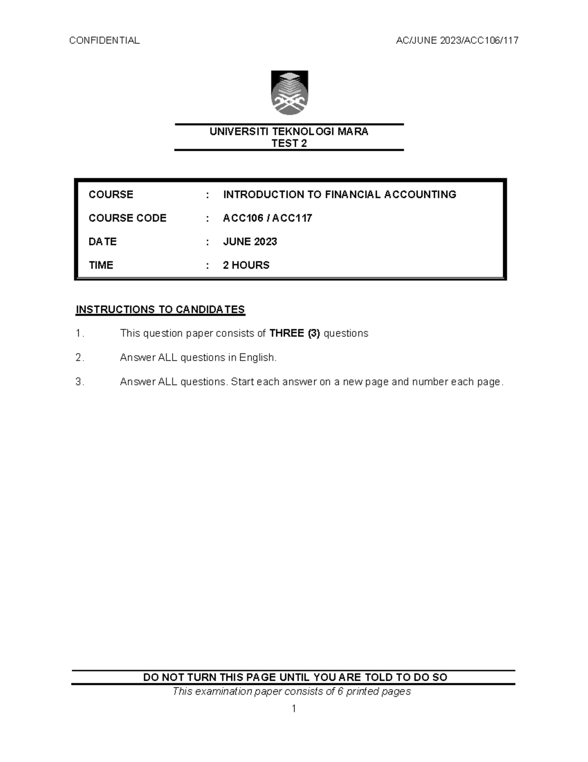 TEST 2 ACC106/ACC117: Introduction to Financial Accounting - June 2023 ...