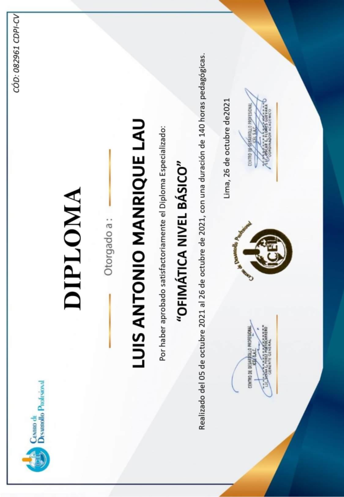Certificado de Office - Diploma ICEL 082961 - Document Preview