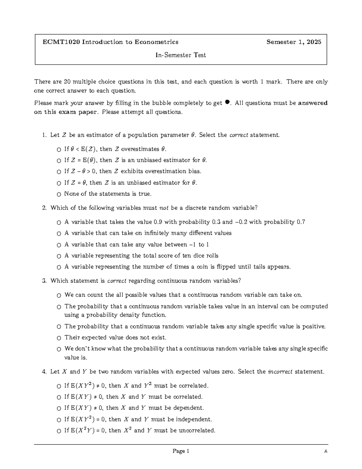 ECMT1020 2025S1 Introduction to Econometrics Test Questions - Studocu