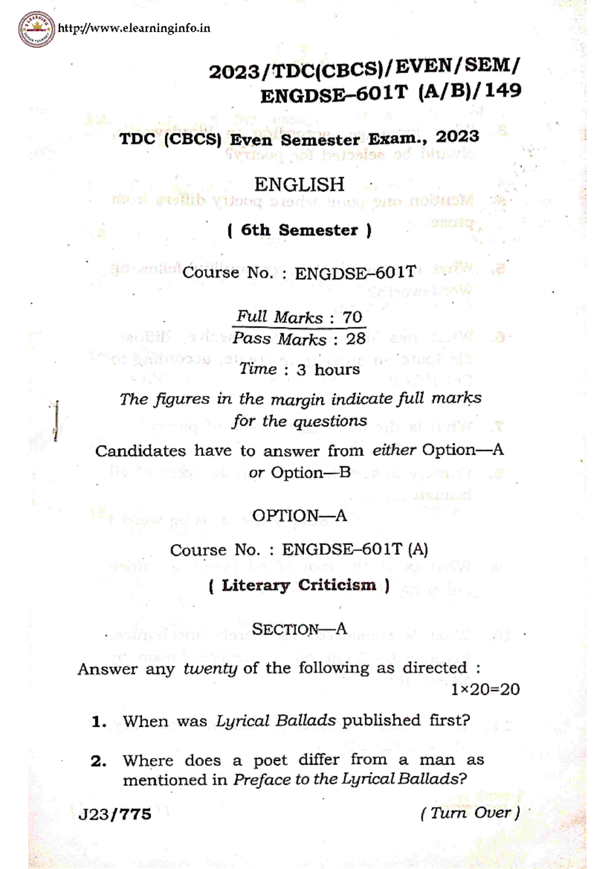 Engdse-601T pwtmkn 3w - Previous questions paper - DONNE TDC (CBCS ...