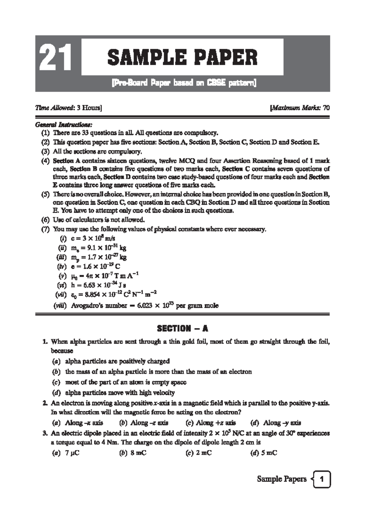 Cbse cl12 ead physics pre-board paper 21 - 21 SAMPLE PAPER Paper based ...