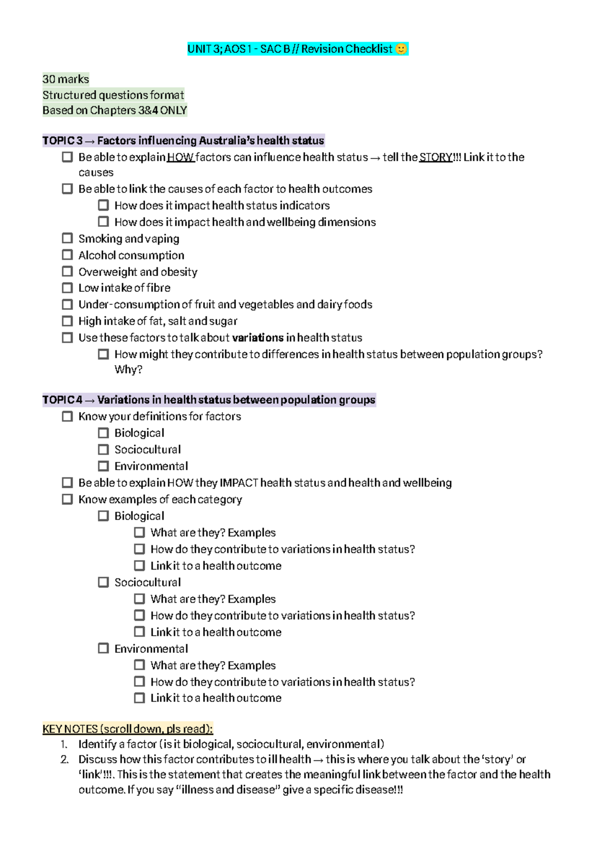 2026 UNIT 3 AOS 1 SAC B Revision Checklist: Health Factors & Variations ...