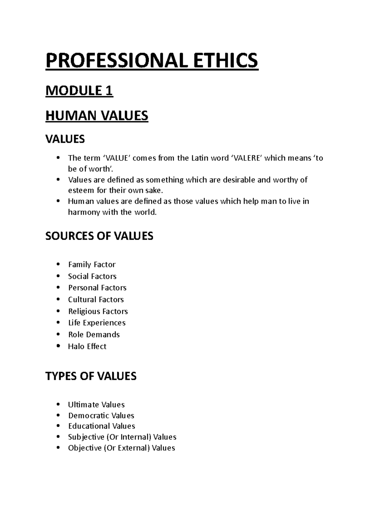 PROFESSIONAL ETHICS MODULE 1 - PROFESSIONAL ETHICS MODULE 1 HUMAN ...