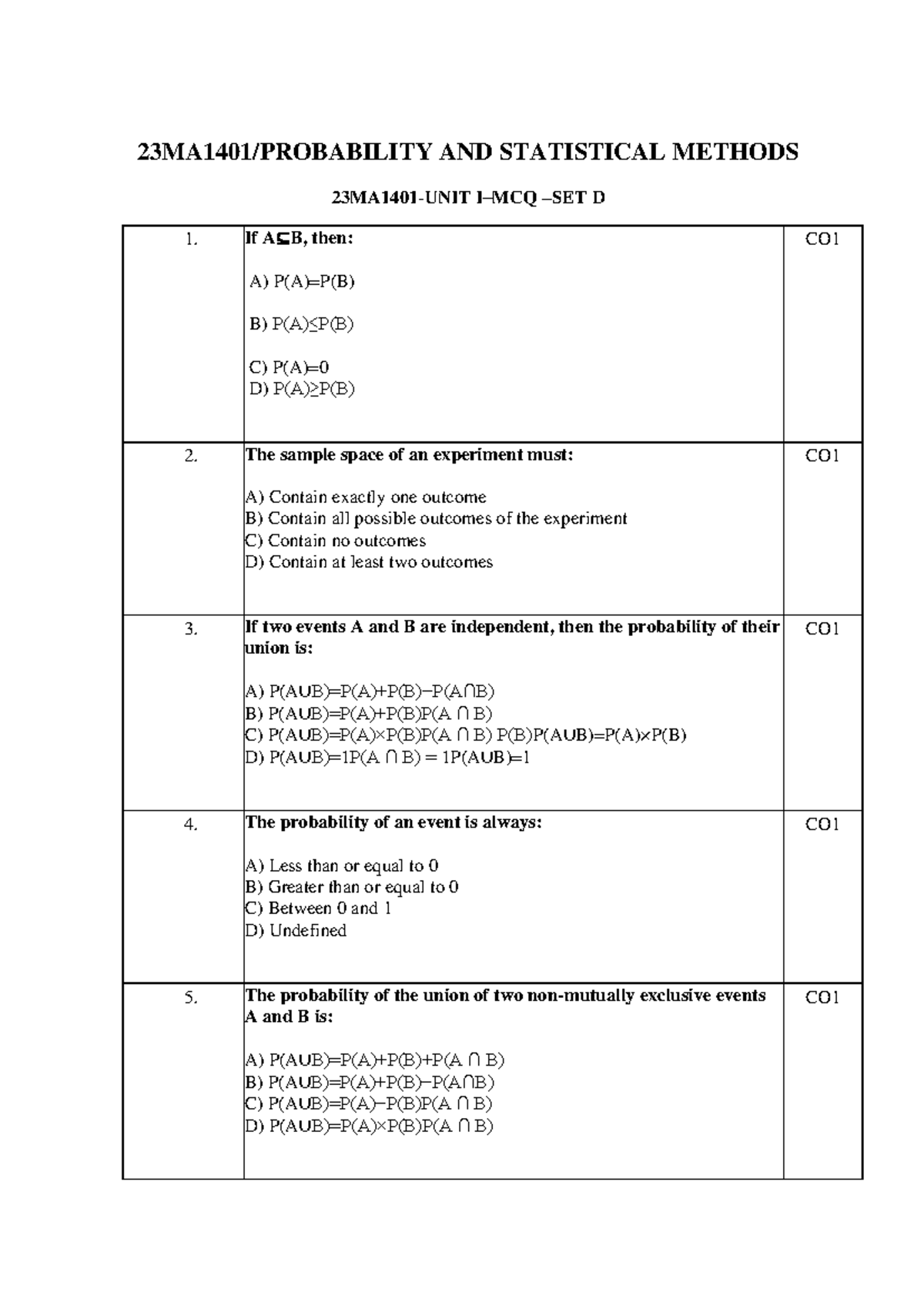 PSM UNIT I - MCQ SET D - PSM UNIT I - MCQ SET D - PSM - 23MA1401 ...