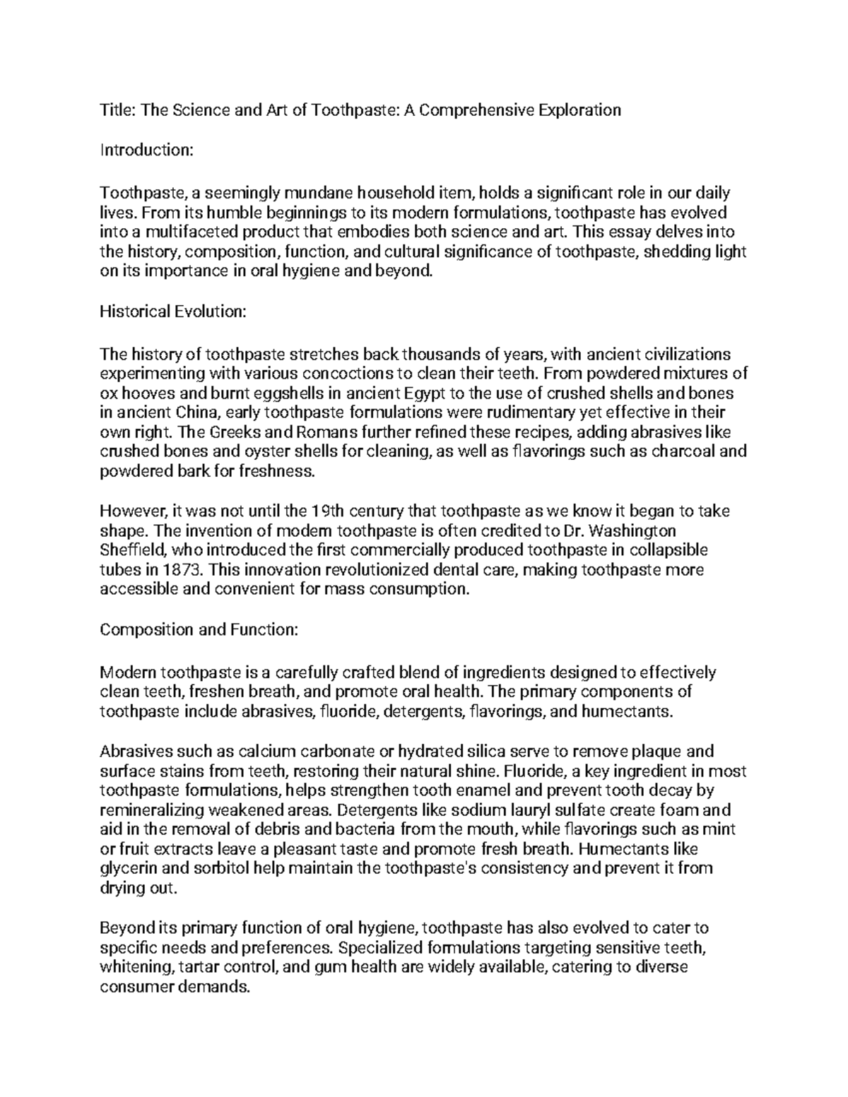 English 101 Final Essay: The Science and Art of Toothpaste - Studocu
