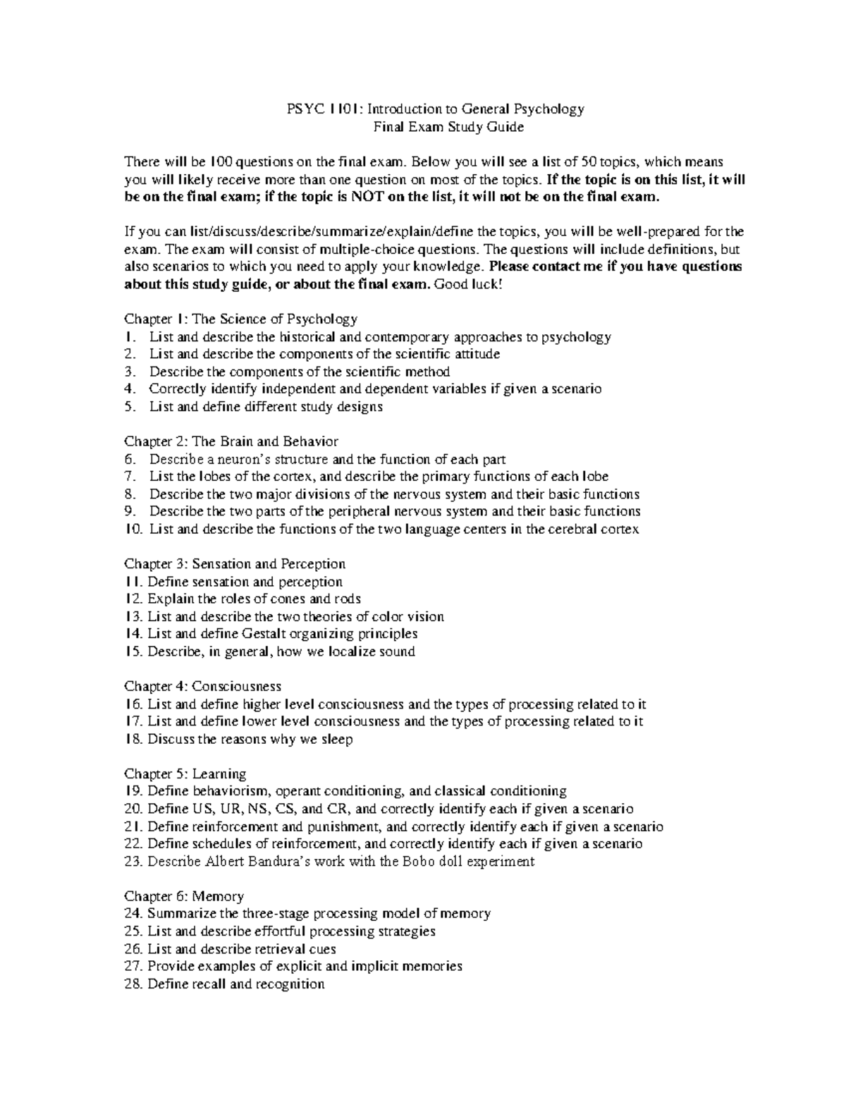 PSYC 1101 Final Exam Study Guide: Key Topics for Success - Studocu