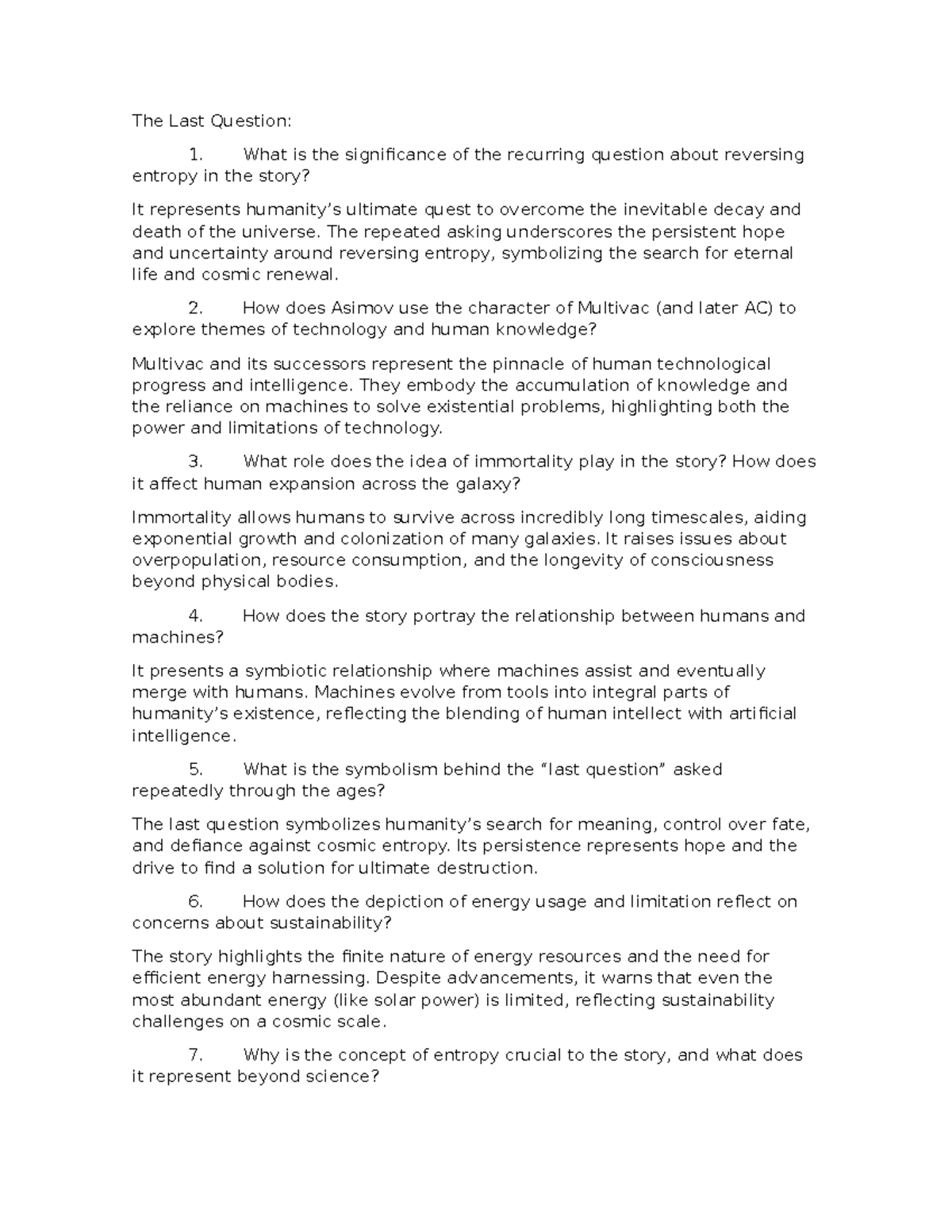 The Last Question (Final Exam) Questionnaire Analysis - Studocu