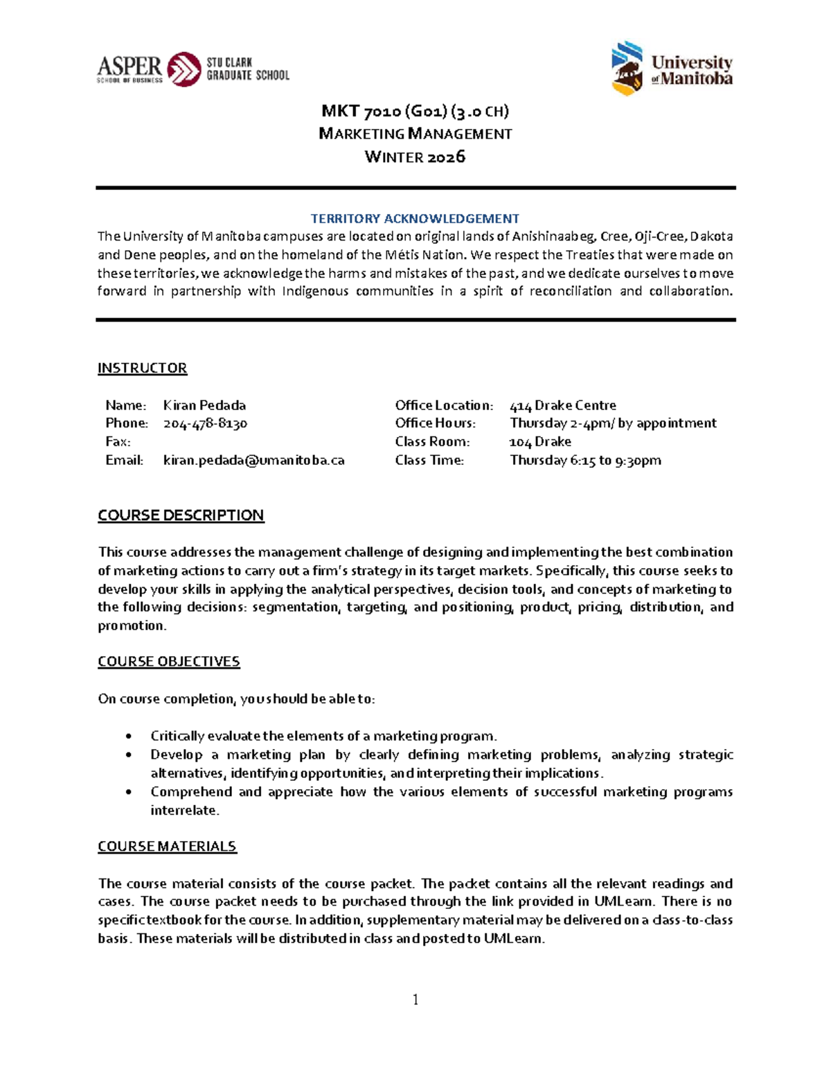 MKT 7010 G01 Course Outline: Marketing Management Winter 2026 - Studocu