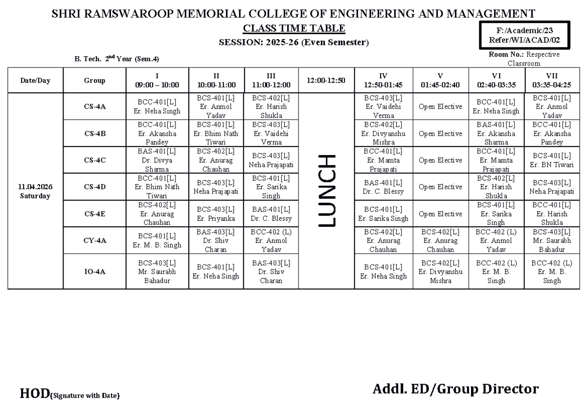 B. Tech 2nd Year (Sem. 4) Class Time Table - 2025-26 - Studocu