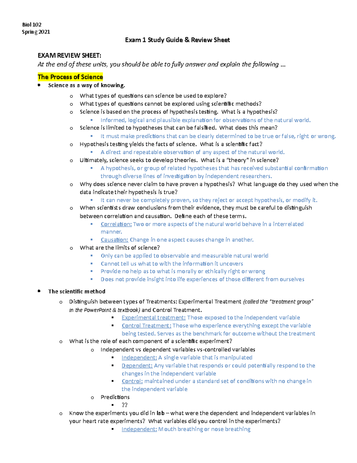 Biol 102 Spring 2021 Exam 1 Study Guide: Key Concepts and Review - Studocu