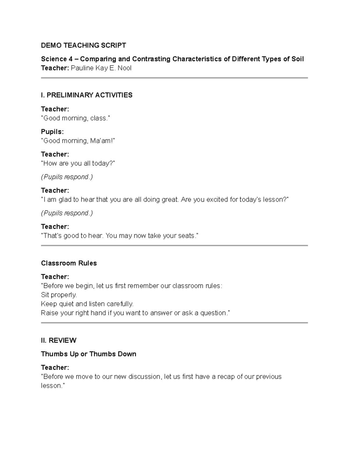 Science 4 Teaching Script: Comparing Soil Types and Characteristics ...