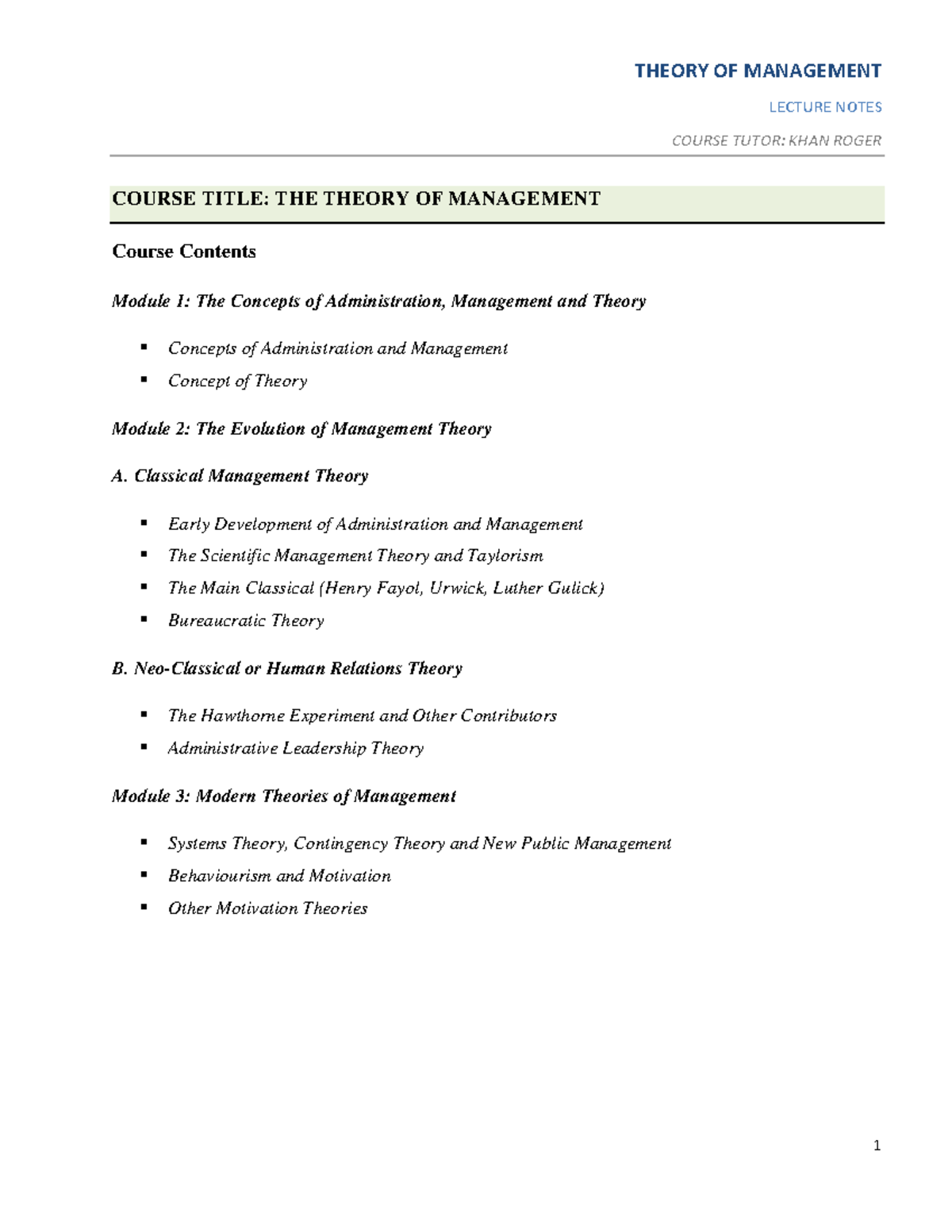 Theory of Management Lecture Notes (Course Code: TM 101) - Studocu