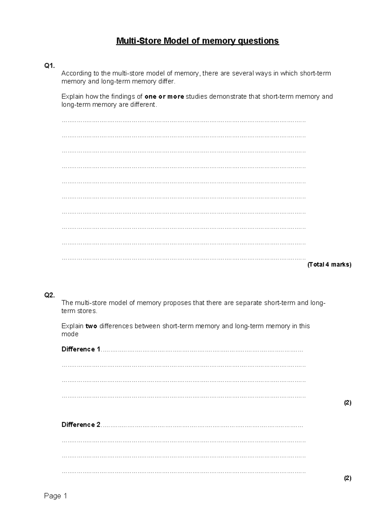Multi Store Model of Memory Questions (MSM) - Exam Preparation - Studocu