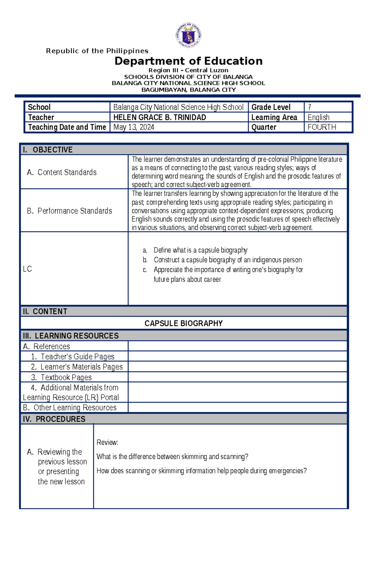 COT for Fourth Quarter - English 4: Capsule Biography Lesson Plan - Studocu