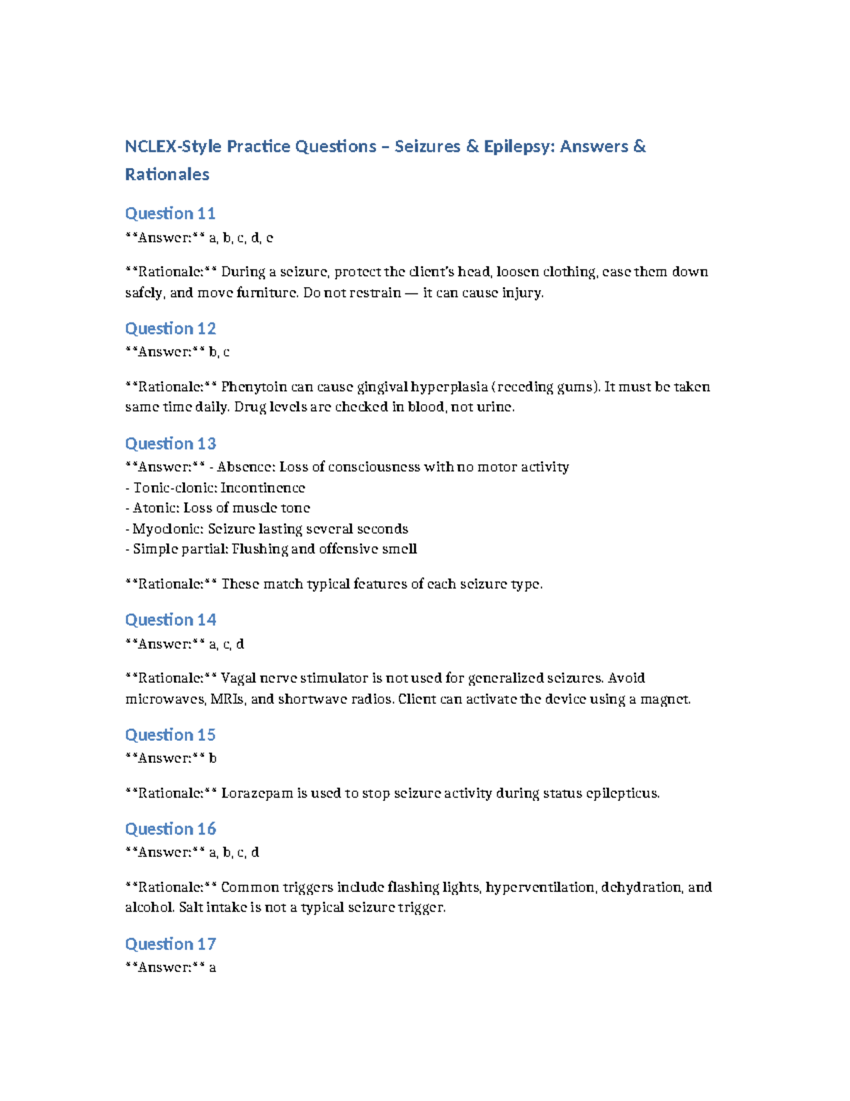 NCLEX Practice Questions: Seizures & Epilepsy Answers & Rationales - Studocu