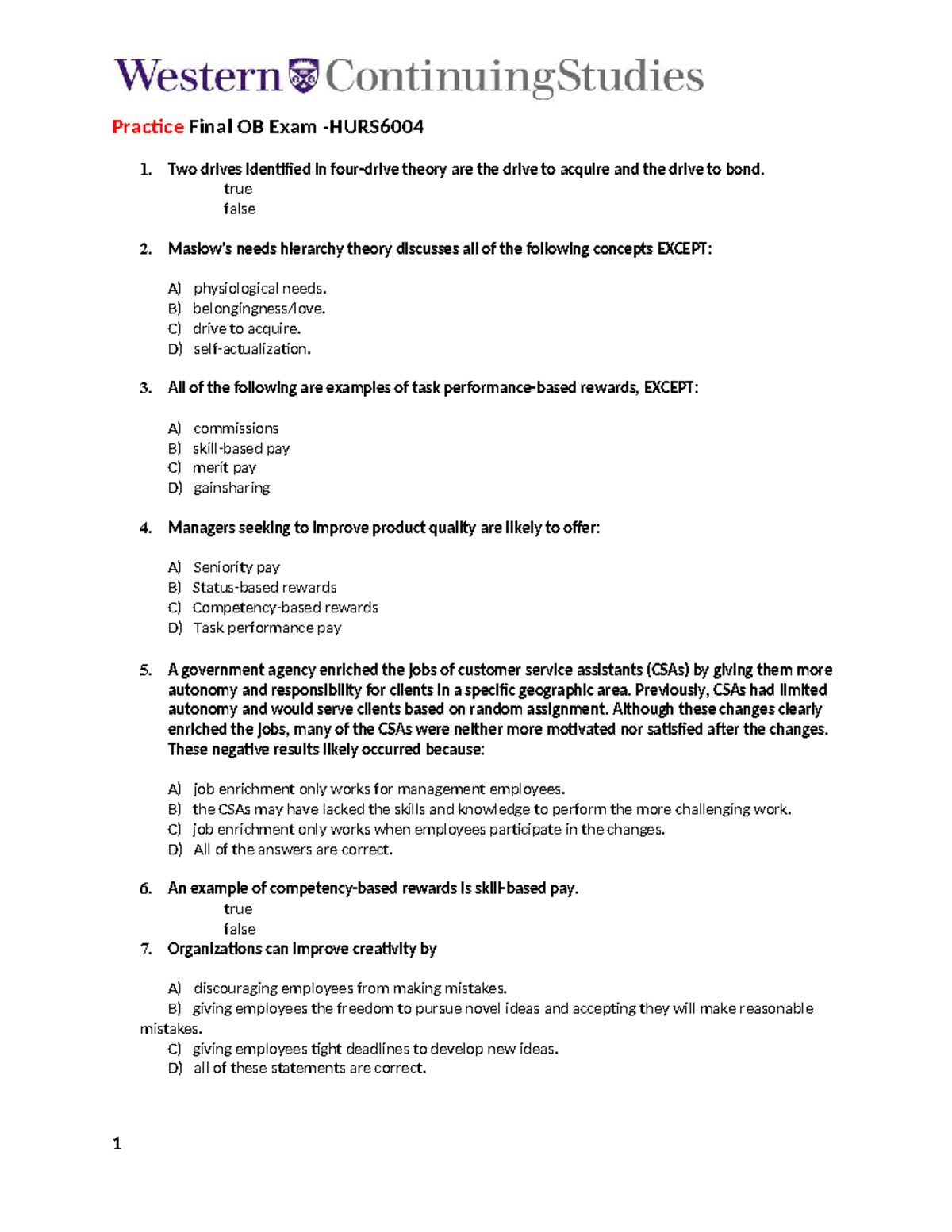 Practice Final Exam OB 1: Key Concepts and Answers - Studocu