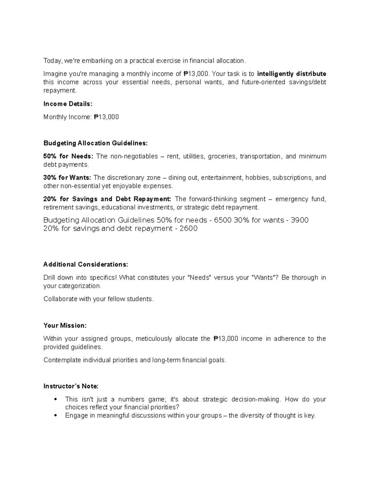 Budget Allocation Exercise: Financial Strategies on ₱13,000 Income ...