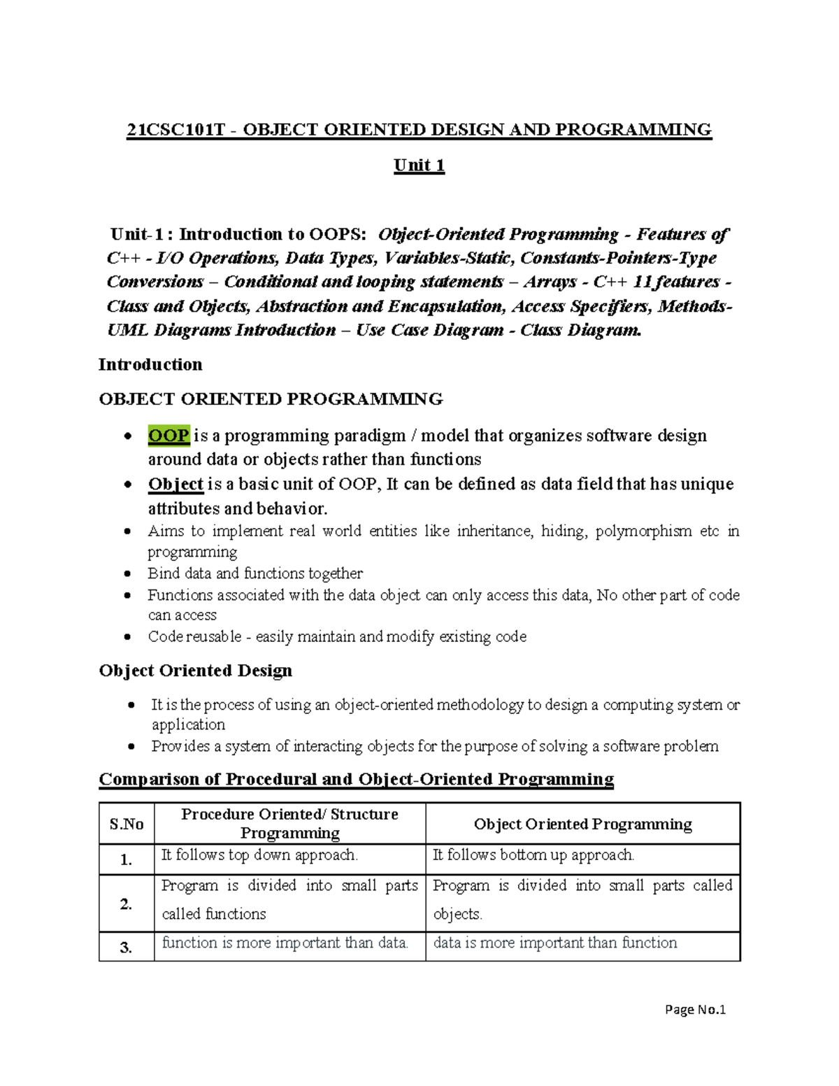 21CSC101T OBJECT ORIENTED DESIGN AND PROGRAMMING Unit 1: Introduction ...