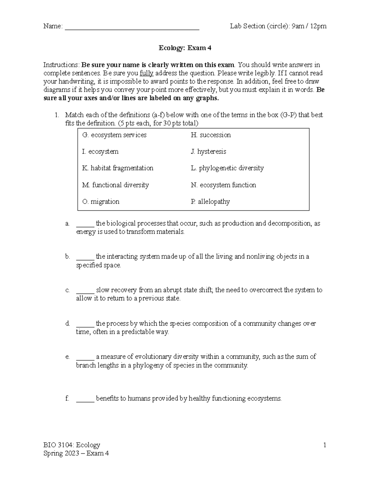 BIO 3104: Ecology Exam 4 Study Guide - 2023 - Studocu