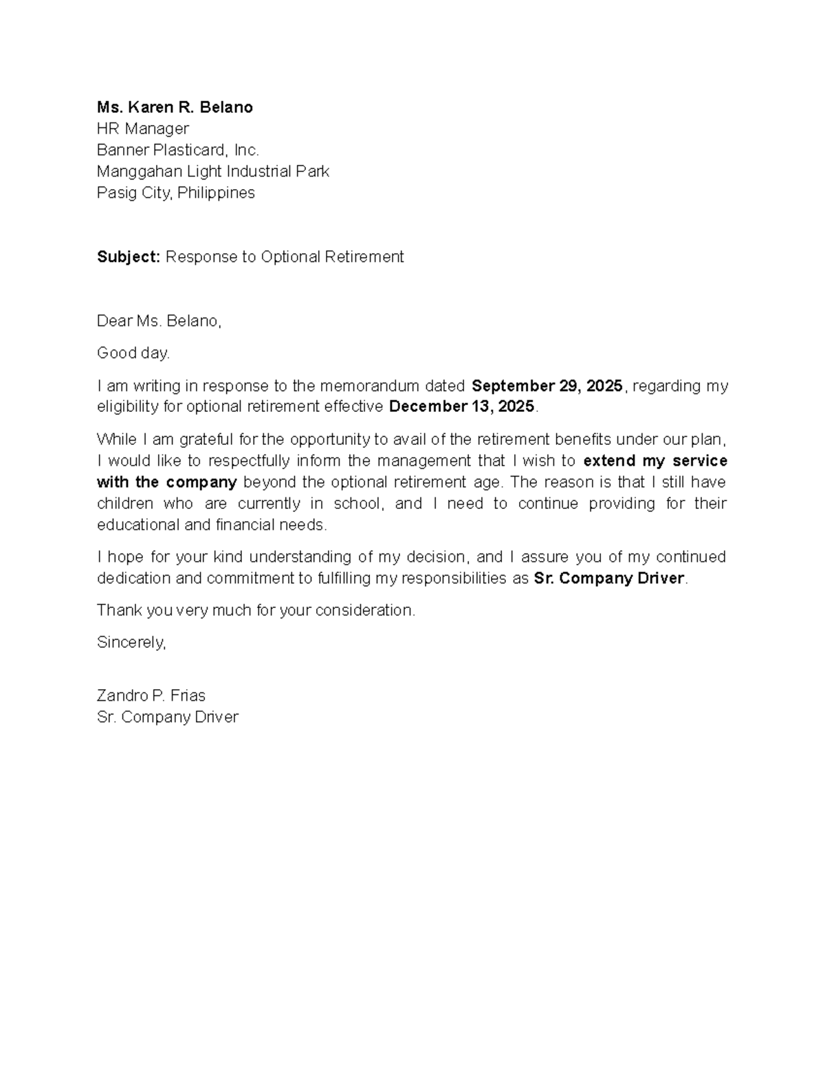 Response Letter to Optional Retirement - Zandro P. Frias - Studocu