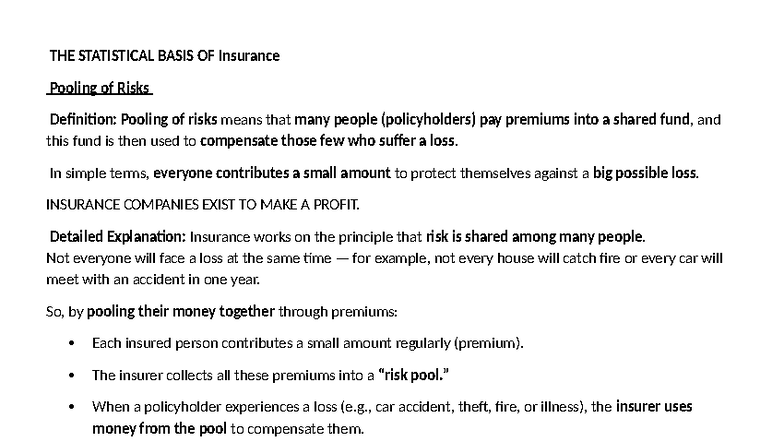 Statistical Basis of Insurance: Pooling Risks & Premiums 052411 - Studocu