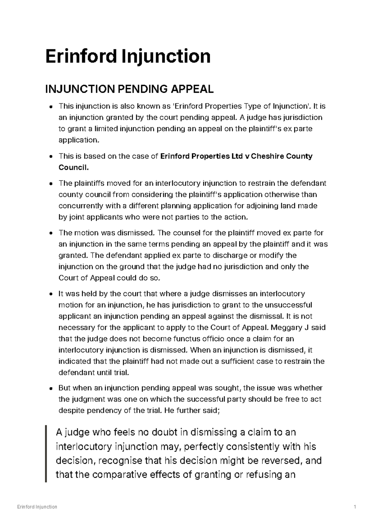 Erinford Injunction - Summary The Principles of Equity & Trusts ...