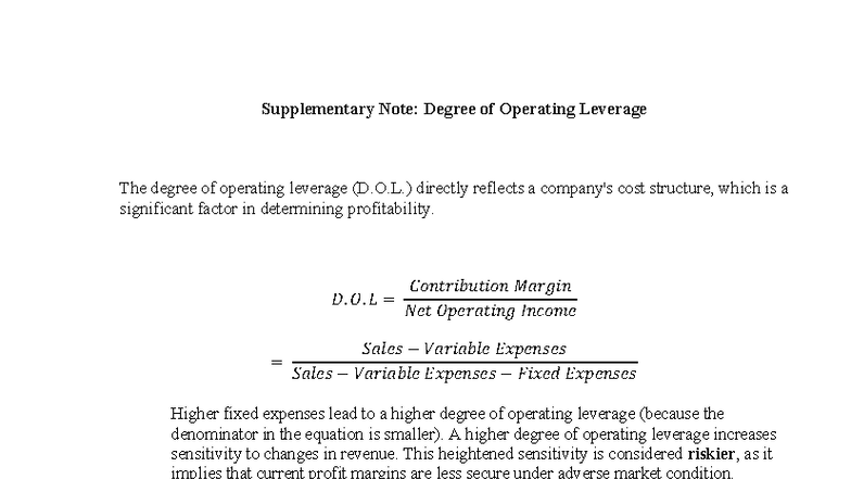 Supplementary Note: Understanding Degree of Operating Leverage (D.O.L ...