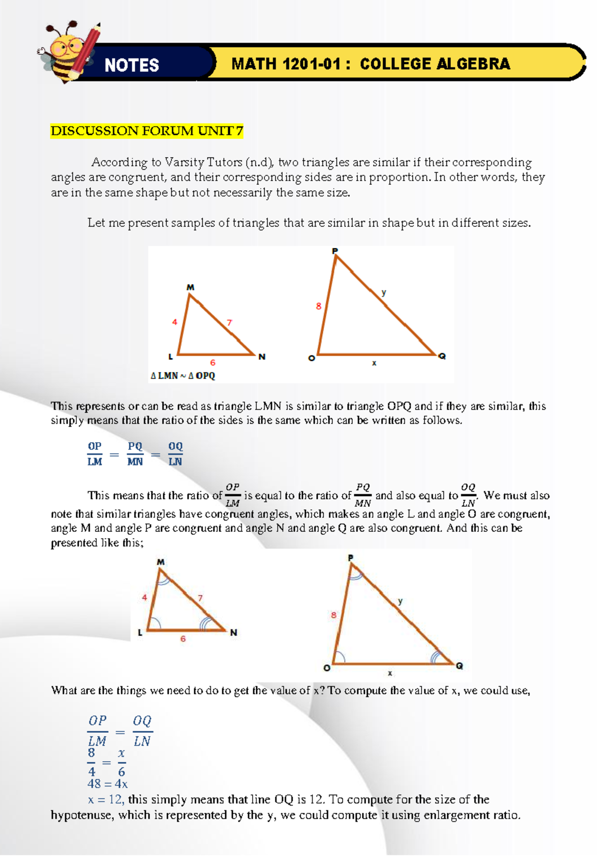 MATH 1201-01-Discussion Assignment Unit 7 - NOTES MATH 1201- 01 ...