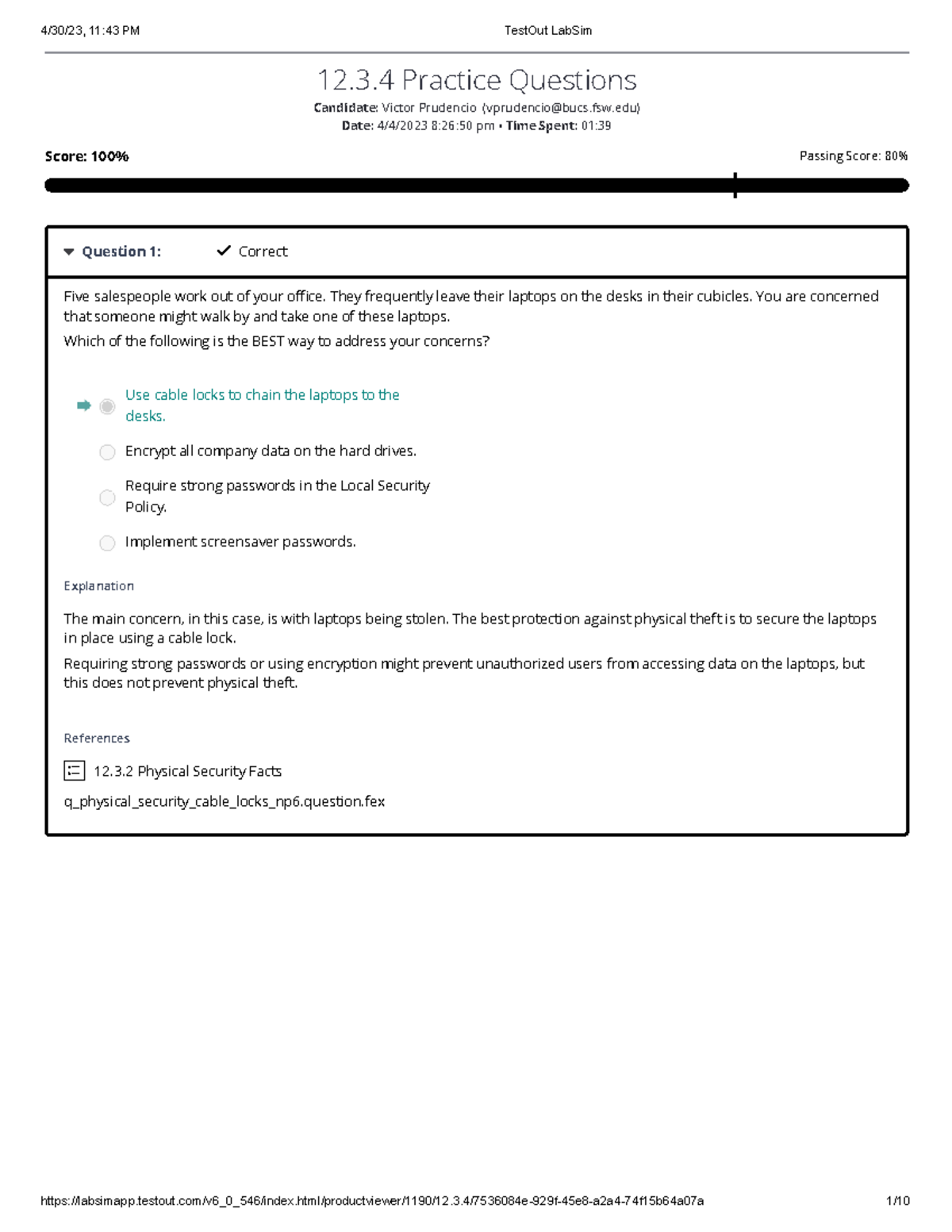 TestOut Network Pro 12 - Physical Security Practice Questions - Studocu