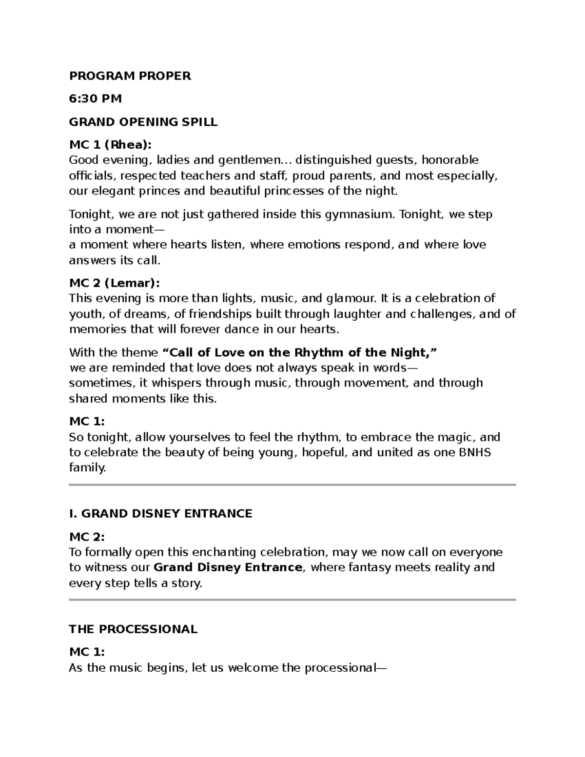 High School Ball 2025 Program Proper: A Night of Love & Unity - Studocu
