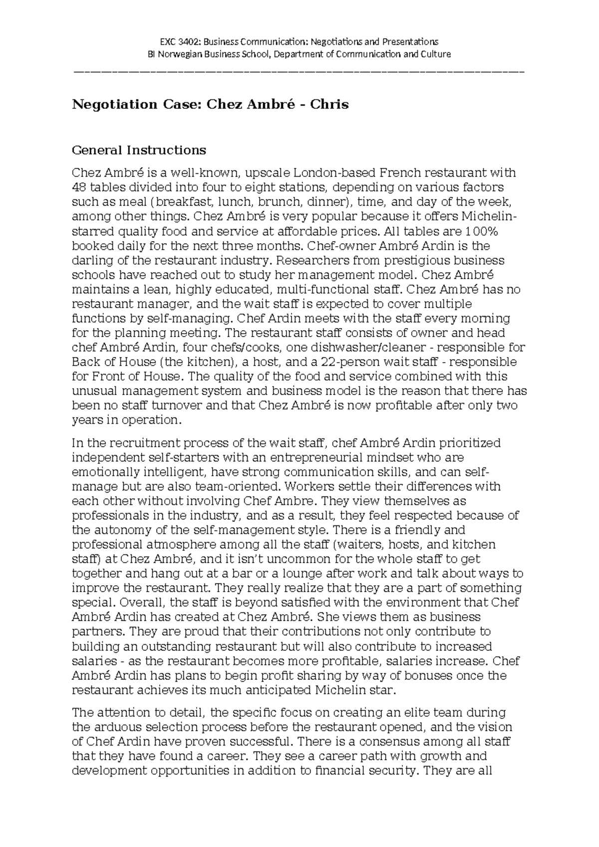 EXC 3402: Negotiation Case Study - Chez Ambré Insights - Studocu