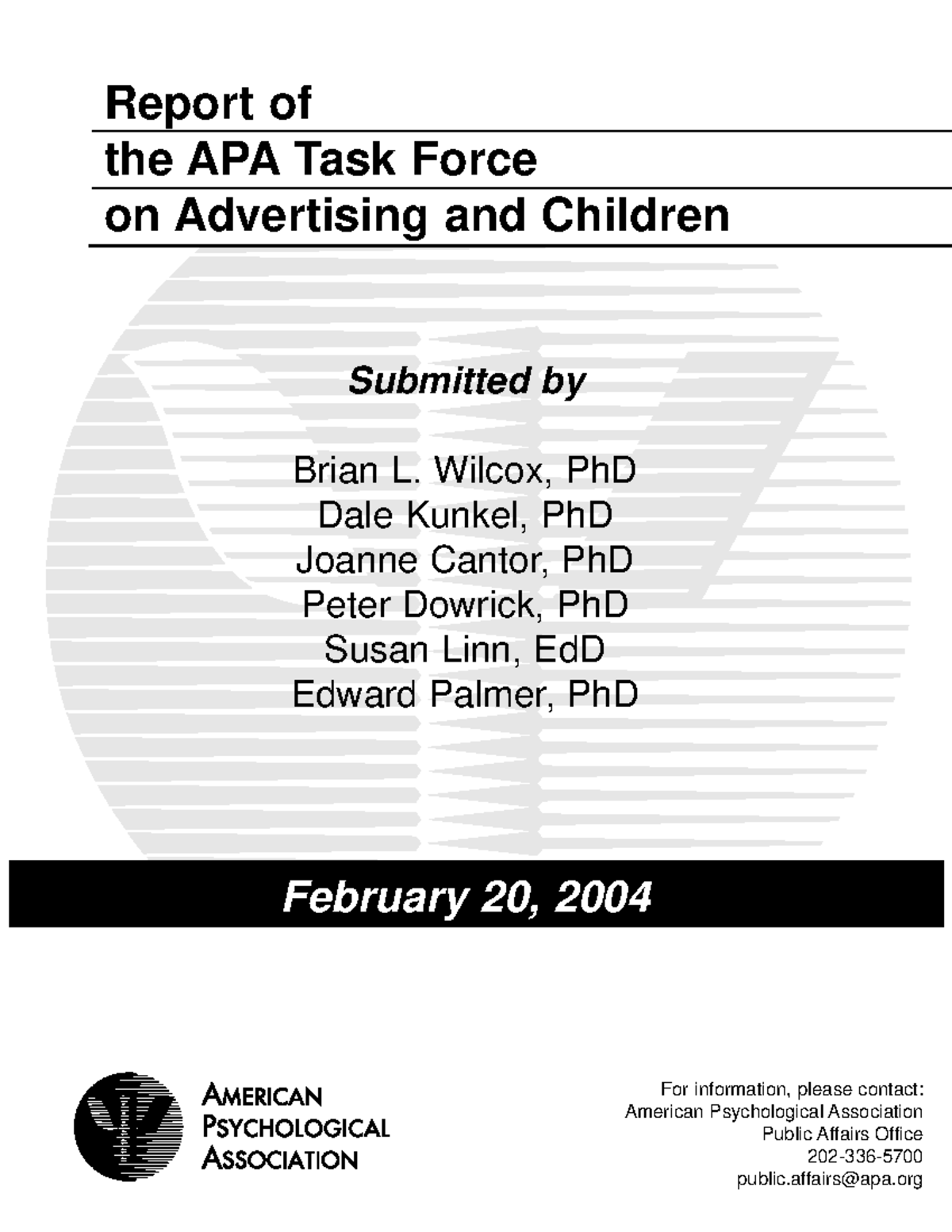 Report of the APA Task Force on Advertising and Children (2004) - Studocu