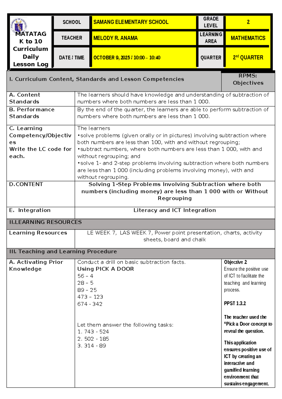 MATATAG K to 10 Curriculum Daily Lesson Log: Math for Grade 2 - Studocu