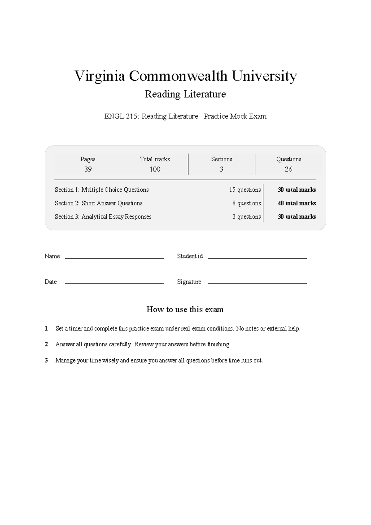 ENGL 215: Reading Literature Practice Mock Exam Guide - Studocu
