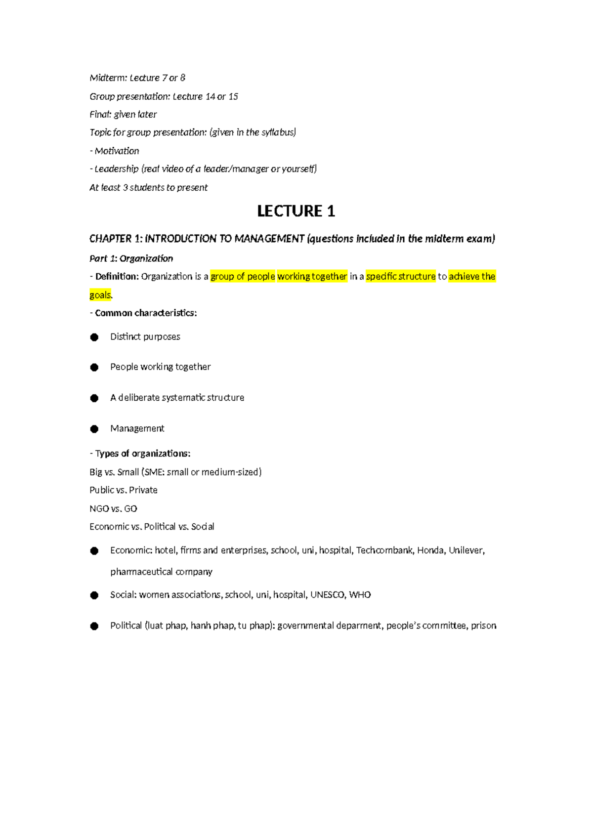 Midterm: Lecture 1 - Introduction to Management Overview - Studocu