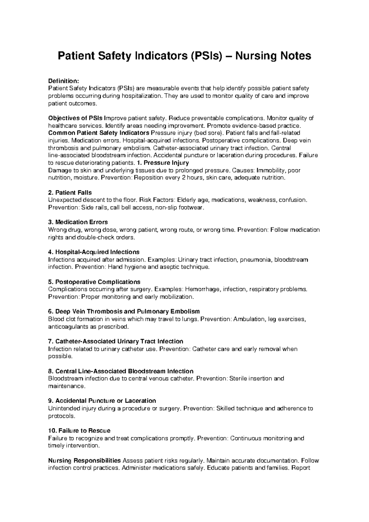 Patient Safety Indicators (PSIs) Nursing Notes Overview - Studocu