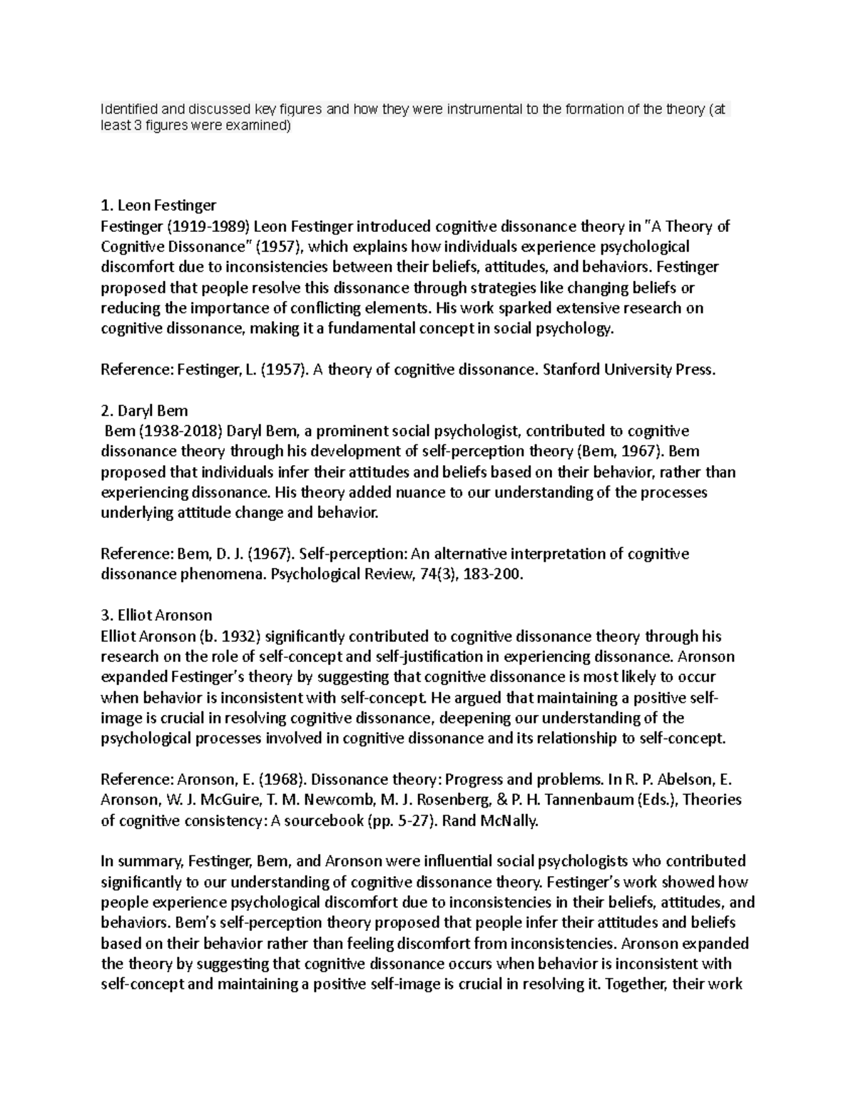 Key Figures in Cognitive Dissonance Theory: Festinger, Bem, Aronson ...