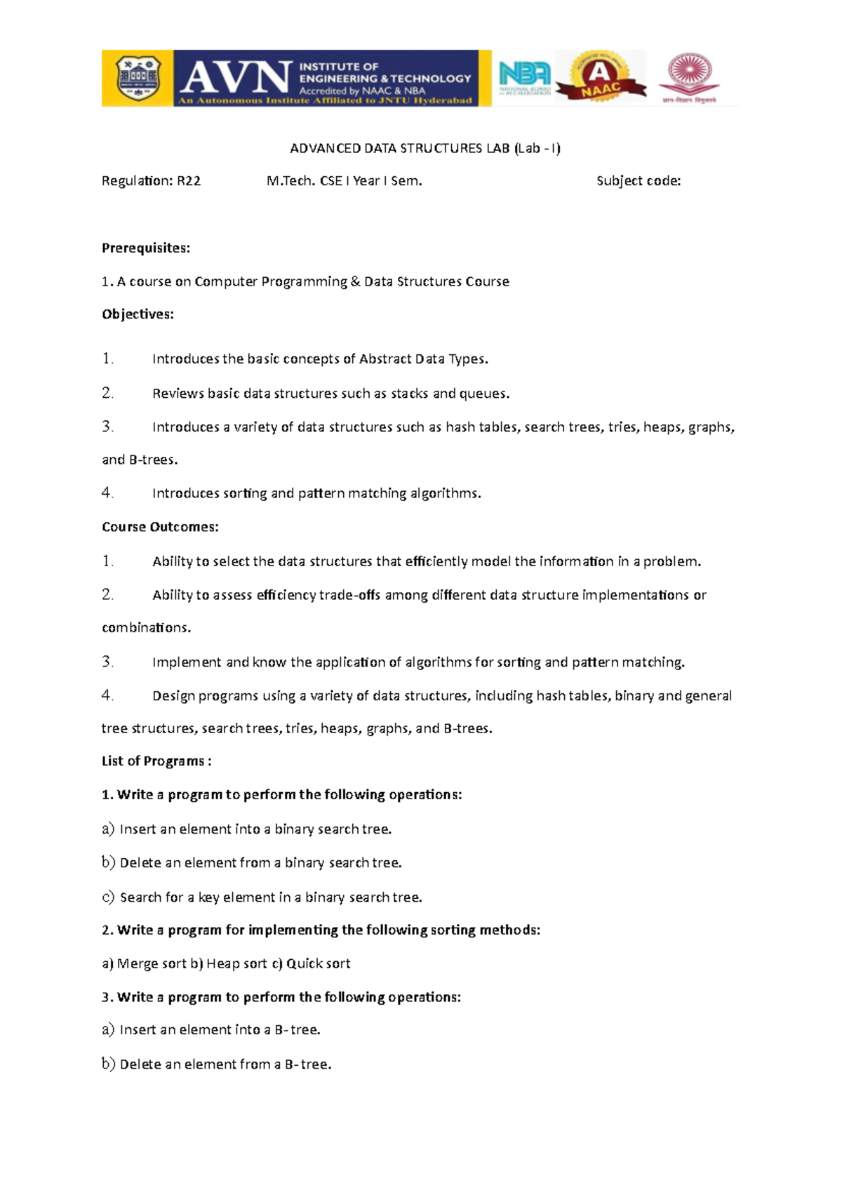 Advanced data structures lab (Lab I) - M.Tech CSE R22 notes - Studocu